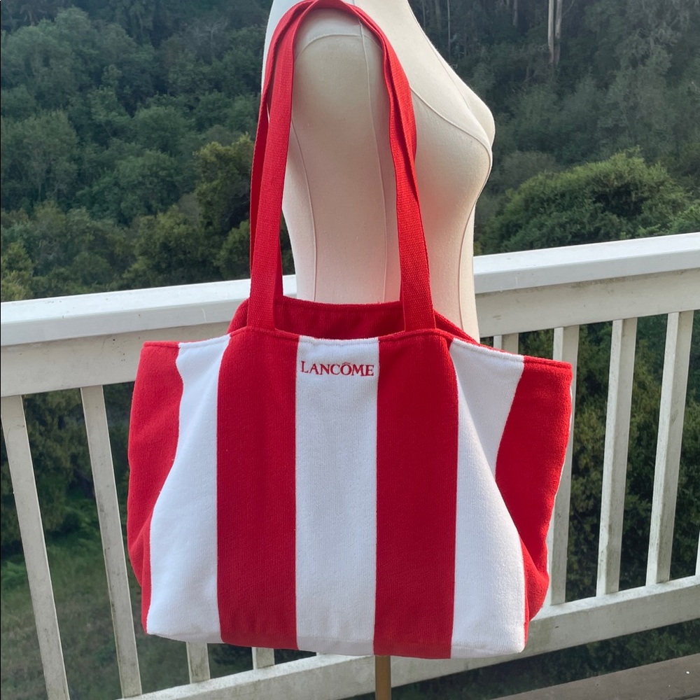Reversible Lancôme Red & White Striped Beach or Pool Terrycloth Tote Bag